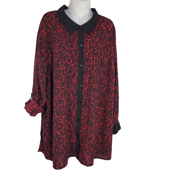 Catherines Womens Floral Button Up Shirt 3X Black Red Roll Tab Sleeves Office - Picture 1 of 9